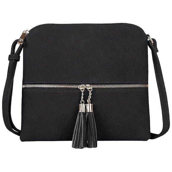 Handbags - Lightweight Medium Crossbody Bag Shoulder Bag with Tassel Black